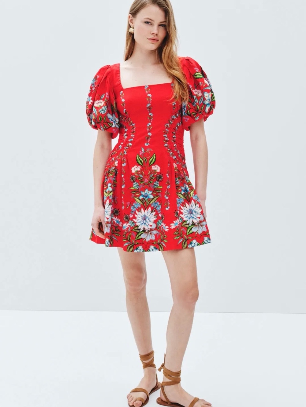 Farm Rio Red Floral Square-Neck Puff Sleeve Mini Dress